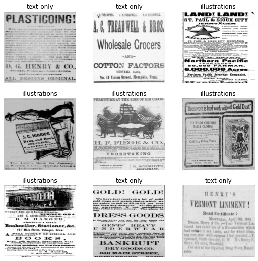 La sortie de show batch. Le résultat est une grille 3x3 d'images de publicités de journaux avec des étiquettes indiquant si les publicités sont 'illustrées' ou textuelles