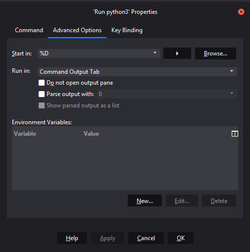 Configuration de la commande &laquo; Run Python3 Start &raquo; .